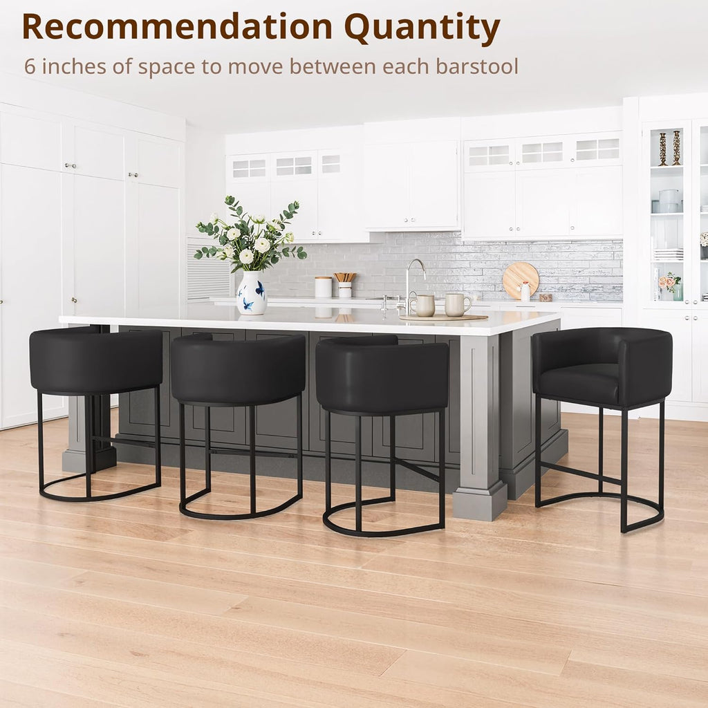 Counter Height Bar Stools Set of 4, Modern Barrel Counter Stools with Backrest and Arms, Black Metal Frames, Faux