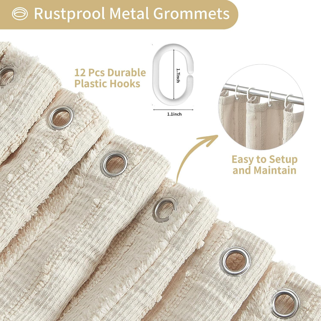 Beige Shower Curtain Boho, 72 x 72 Cotton Blend Waffle Weave Stripe Textured Heavy Duty, Fabric Shower Curtain