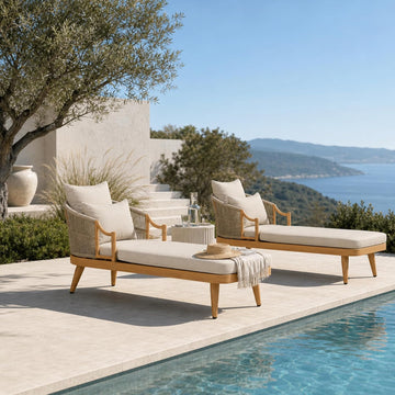 Patio Chaise Lounge Set of 2 with Soft Cushion, Teak | Ergonomic wraparound back, dual-height pillows