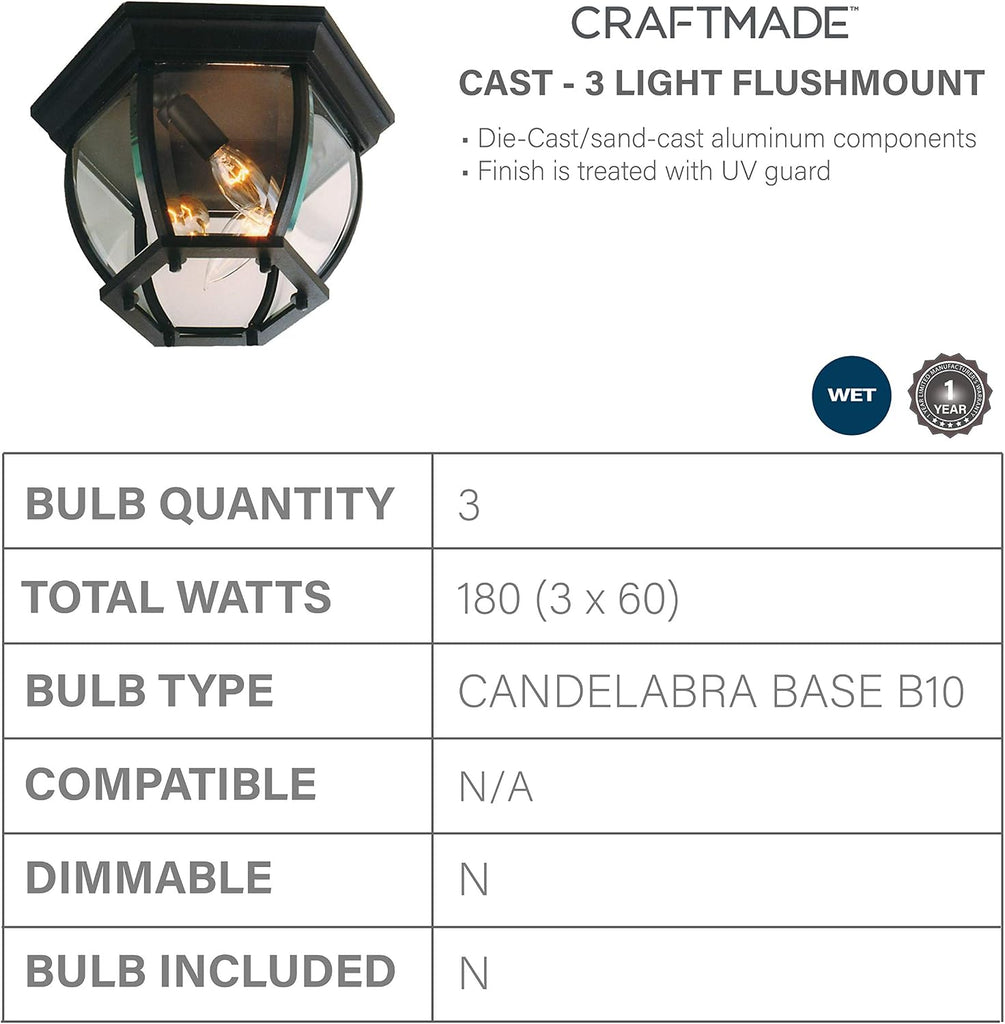 Bent Glass Outdoor Flush Mount Ceiling Lighting, 3-Light 180 Watts (11" W x 7" H), Textured Matte Black