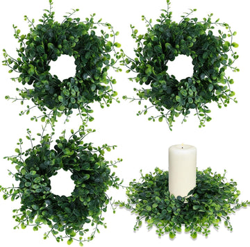 Spring Summer Candle Rings Green Boxwood Wreaths 3 Inch Green Boxwood Candle Rings Pillars Kitchen Cabinet - Set of 4