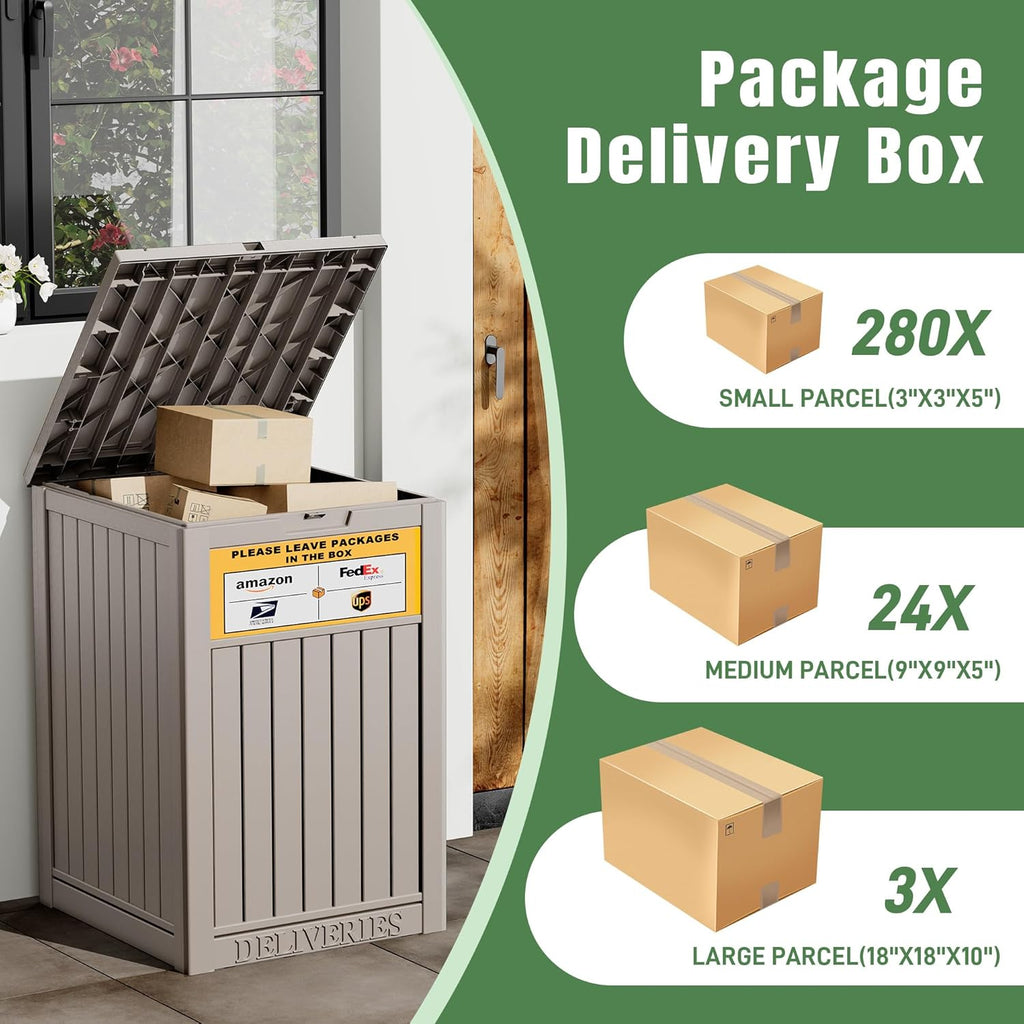 Package Delivery Box with Sign, Secure Lockable Waterproof Package Delivery Container, Resin Deck Box