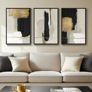 Large Framed Black and White Abstract Wall Art, 3 Piece - Set of 3