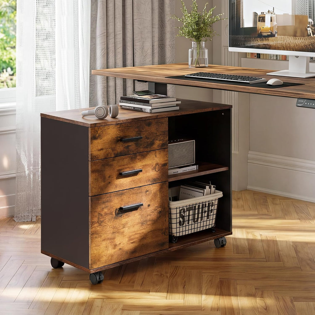 3 Drawer Wood File Cabinet, Rolling Filing Cabinet with Open Storage Shelf, Printer Stand Storage and Organization