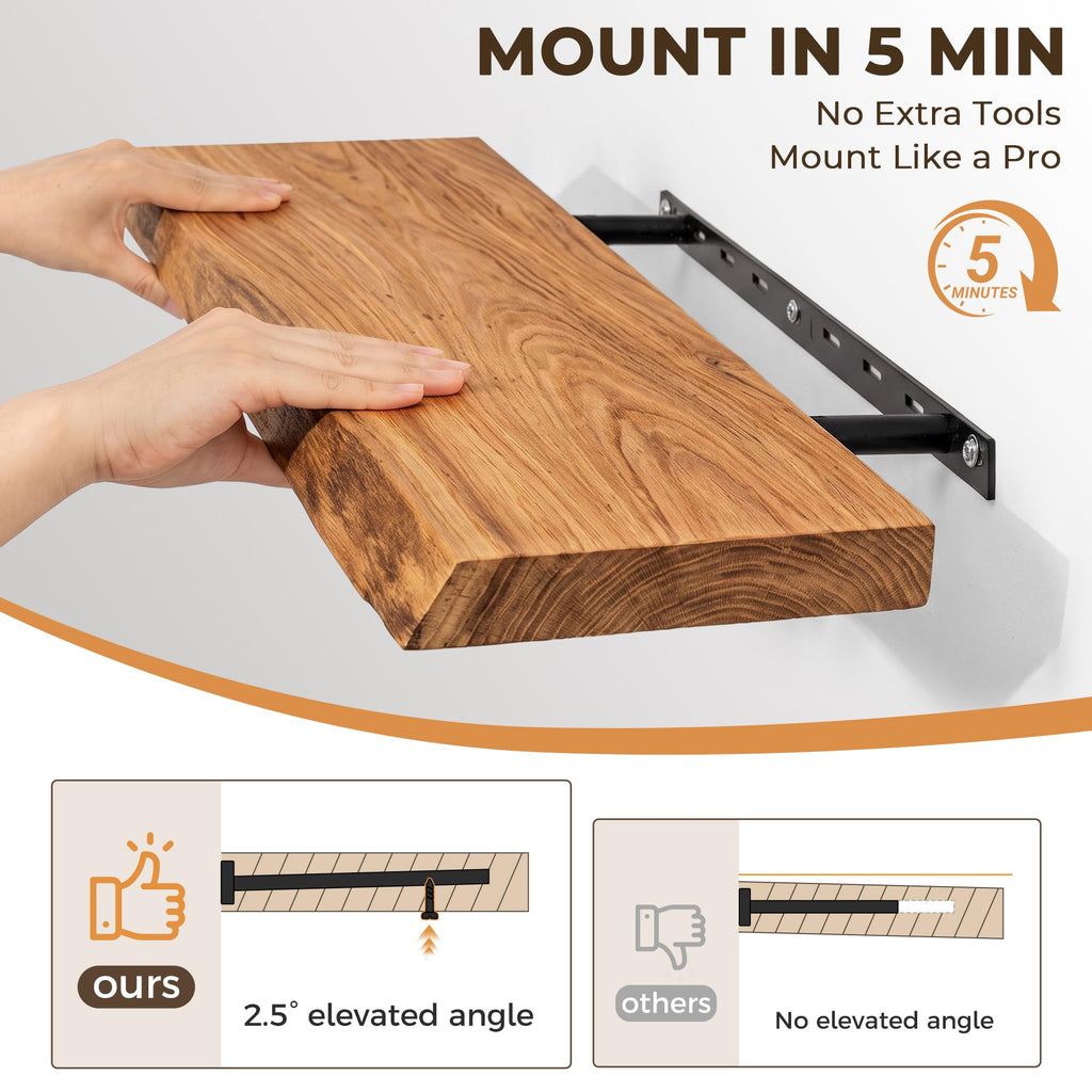 Live Edge Elm Floating Shelves - 40 In Rustic Solid Wood Shelves with Heavy-Duty Invisible Bracket, Wall-Mounted