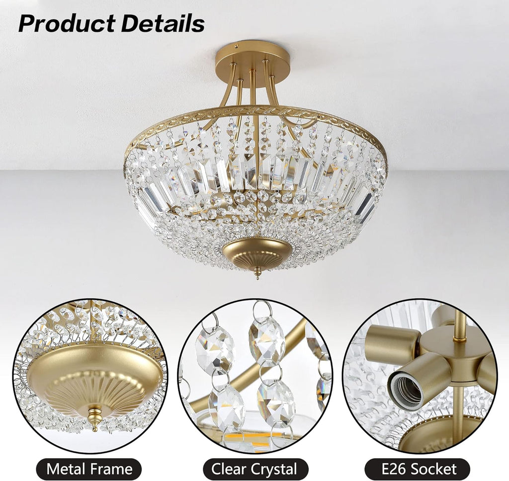 19.5 Inch Crystal Ceiling Light Fixture, 5-Light Raindrop Semi Flush Mount Chandelier, Modern Round Close to Ceiling