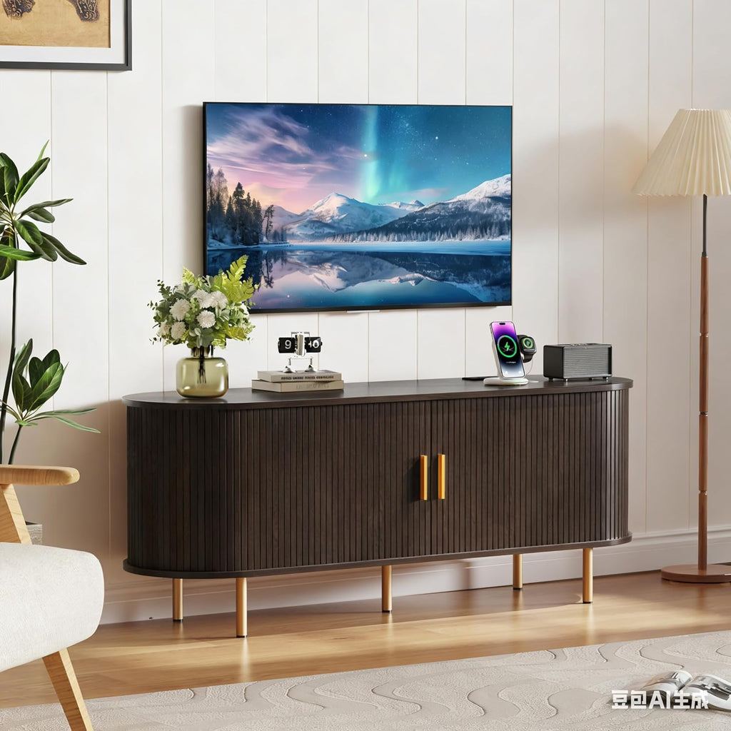 55 Inch Mid Century Modern TV Stand with Power Outlet for TVs up to 60 Inch, Entertainment Center with Storage and Adjustable Shelves, Media Console with Sliding Doors for Living Room(Dark Walnut)