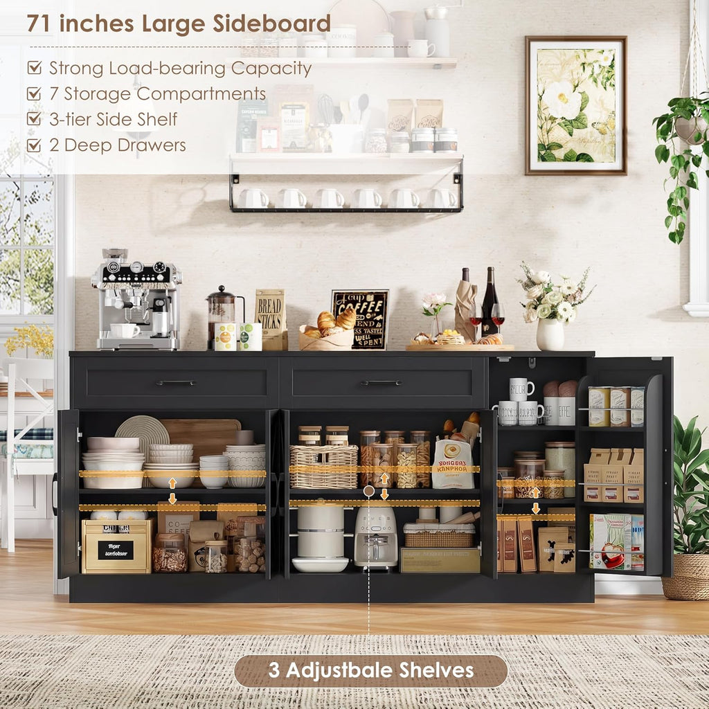 71” Large Sideboard Buffet Cabinet with Storage, Farmhouse Buffet Cabinet with Adjustable Shelves and 3 Door Shelves