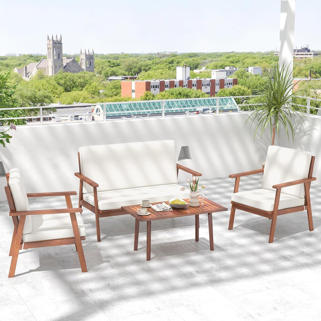 4 Piece Outdoor Conversation Set, Acacia Wood Sofa Set with Soft Seat & Back Cushions, Rectangle Coffee Table Patio