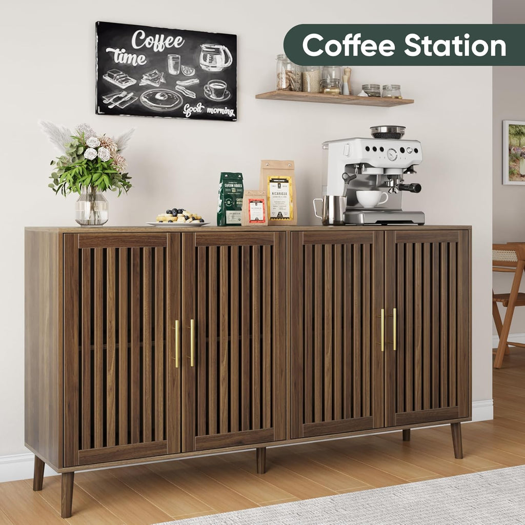 63" Long Sideboard Buffet with 4 Slatted Doors, Farmhouse Buffet Storage Cabinet with Adjustable Shelf