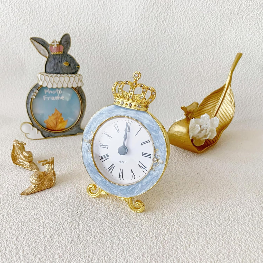Vintage Mini Analog Table Clock, Silent Crown Table Clock with Hand-Painted Metal Body and Battery Operated Non-Ticking Core for Shelf,...