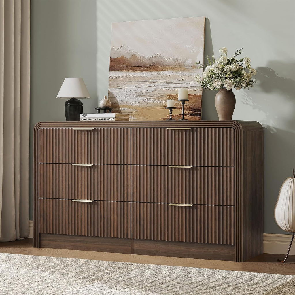 Fluted Drawers Dresser , Wood Dressers with Gold Handles, Modern Dressers with Wave Texture, Large Storage Chest of