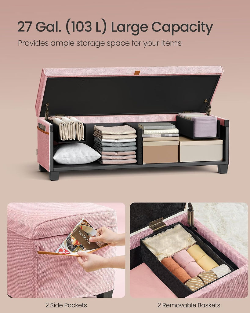 Storage Ottoman Bench, Storage Chest, 15.7 x 43.3 x 15.7 Inches, End of Bed Bench, 27 Gal. (103 L), Jelly Pink