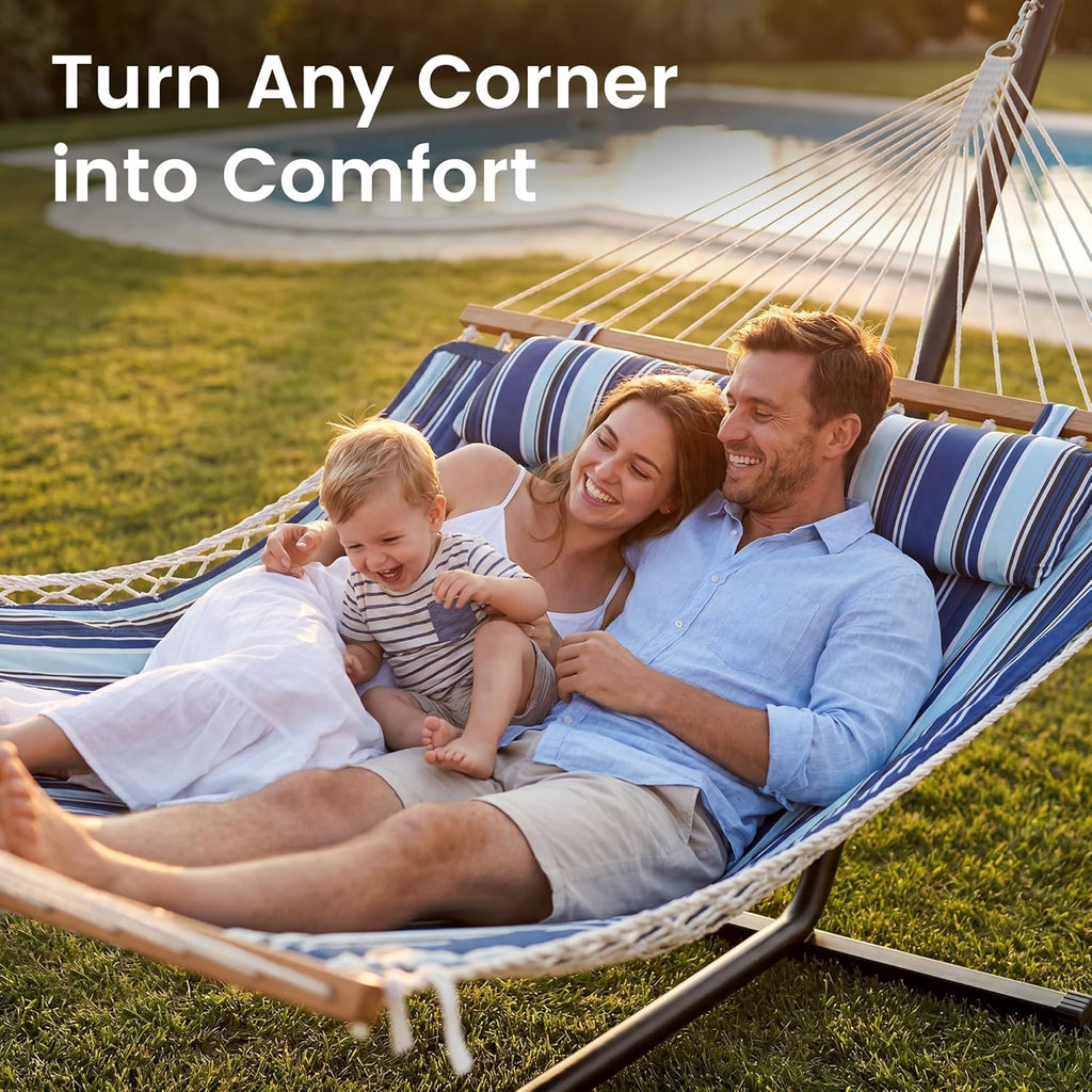 2 Person Hammock with Stand, Heavy Duty Double Cotton Rope Hammock with Removable Quilted Pad & Pillow, 500 LBS