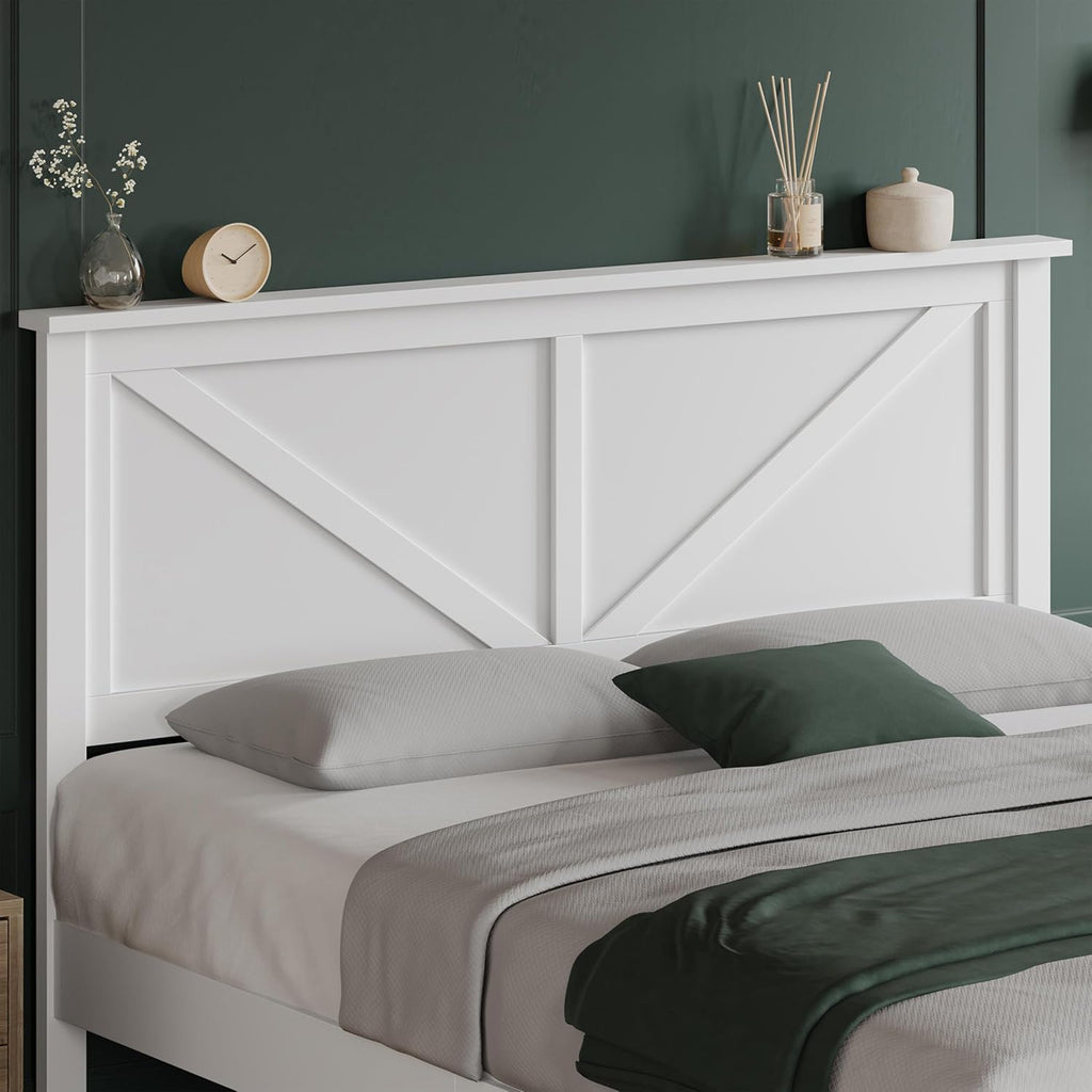 Wood Bed Queen, Farmhouse White Rubberwood Platform Bed Frame with V-Designed Headboard, Sturdy Wooden Support Slats