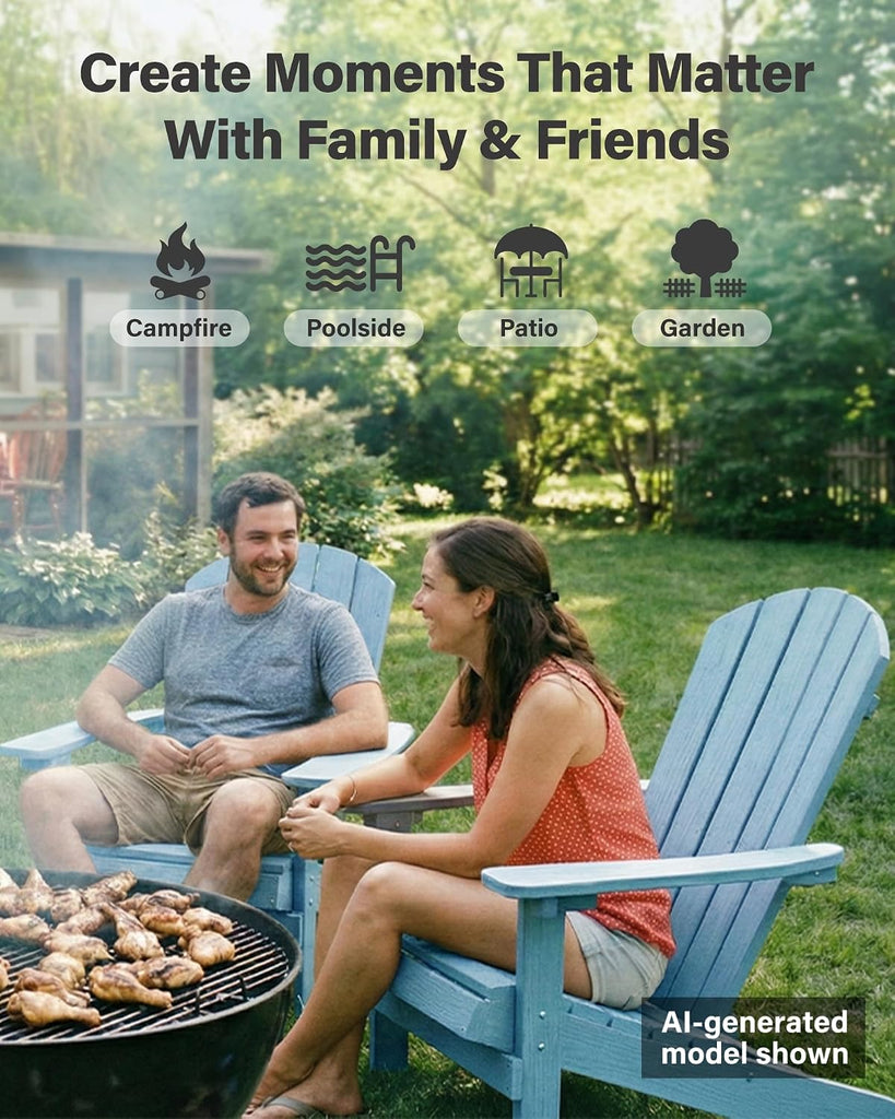 Adirondack Chair with Cup Holder, All-Weather Outdoor Chair, Blue | HIPS Plastic Fire Pit Chair with Wood Texture