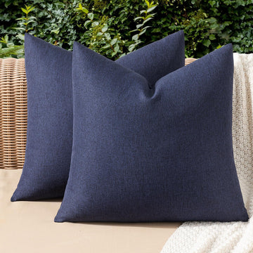 Pack of 2 Decorative Outdoor Solid Waterproof Throw Pillow Covers Faux Linen Garden Farmhouse Cushion Cases for Summer Patio Tent Balcony Couch Sofa 18x18 Inch Navy