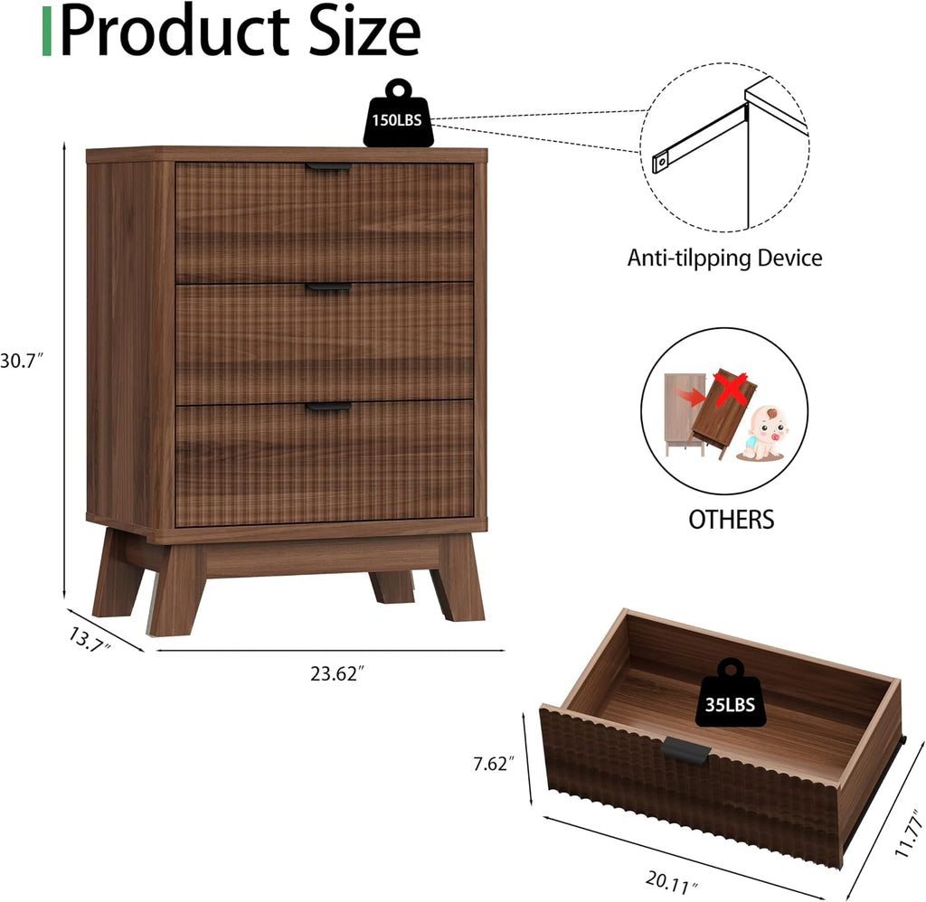 Fluted Nightstand with 3 Storage Drawers, 24" Wide Wood Bedside Table with Mental Handle, Mid Century Modern Wooden
