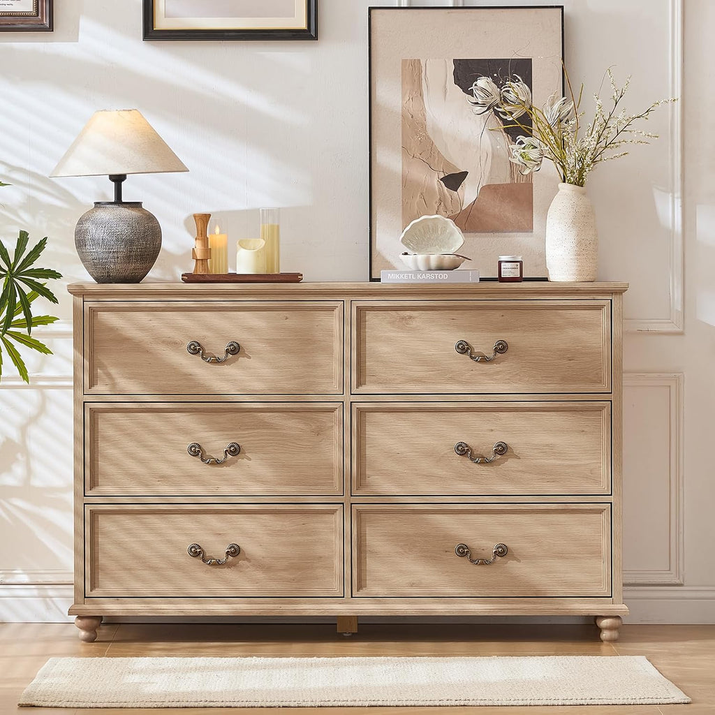 Farmhouse 6 Drawers Dresser , Vintage 54" Wide Chest of Drawers w/ 4 Wooden Legs, Rustic Large Closet Storage