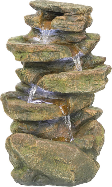20" H Outdoor Multi-Level Rock Floor Fountain with LED Lights, Brown