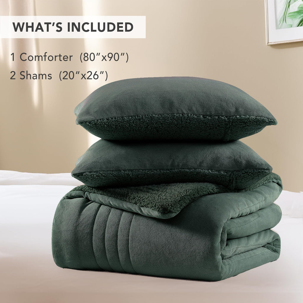 Comforter Sets Sherpa Fuzzy Bedding 3 Pieces, Deep Forest