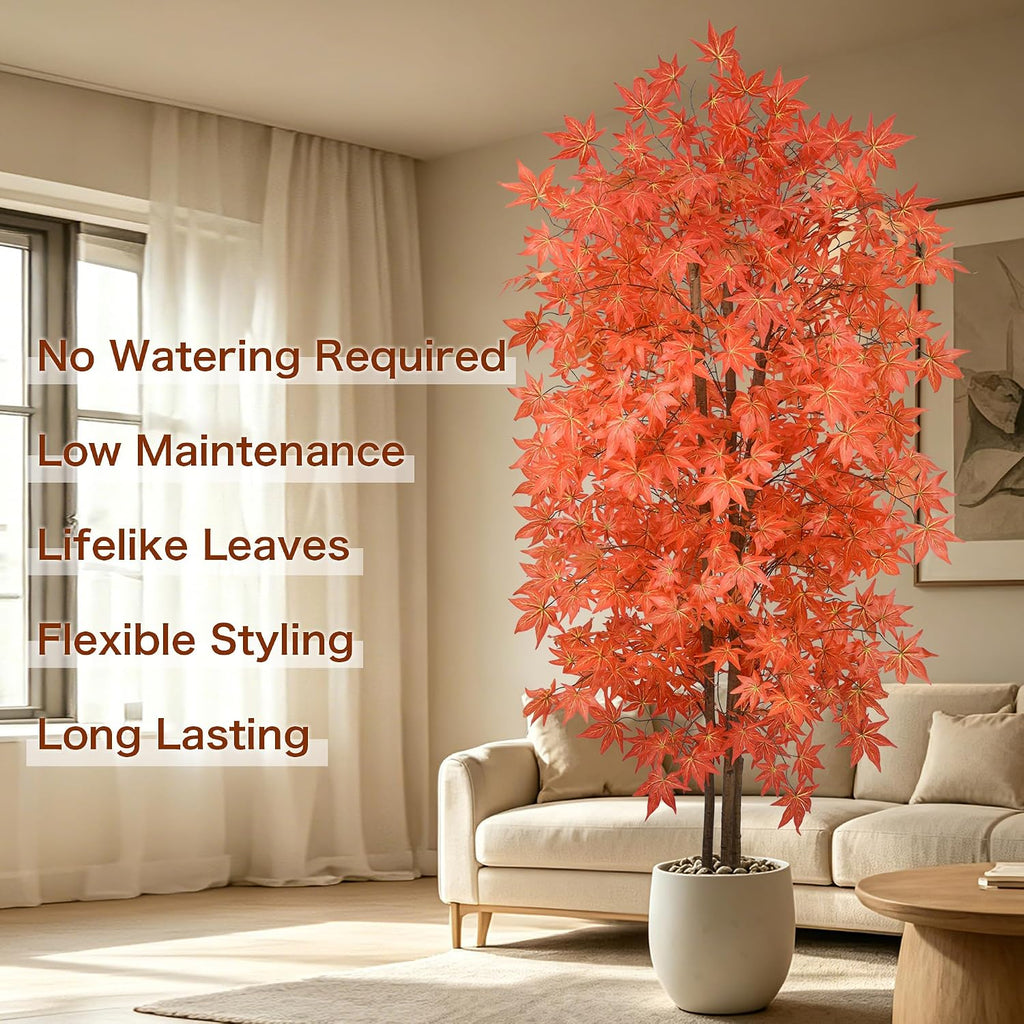 7FT Artificial Maple Trees, Tall Faux Autumn Tree Indoor with Lifelike Red Orange Leaves Realistic Fall Tree with Pot