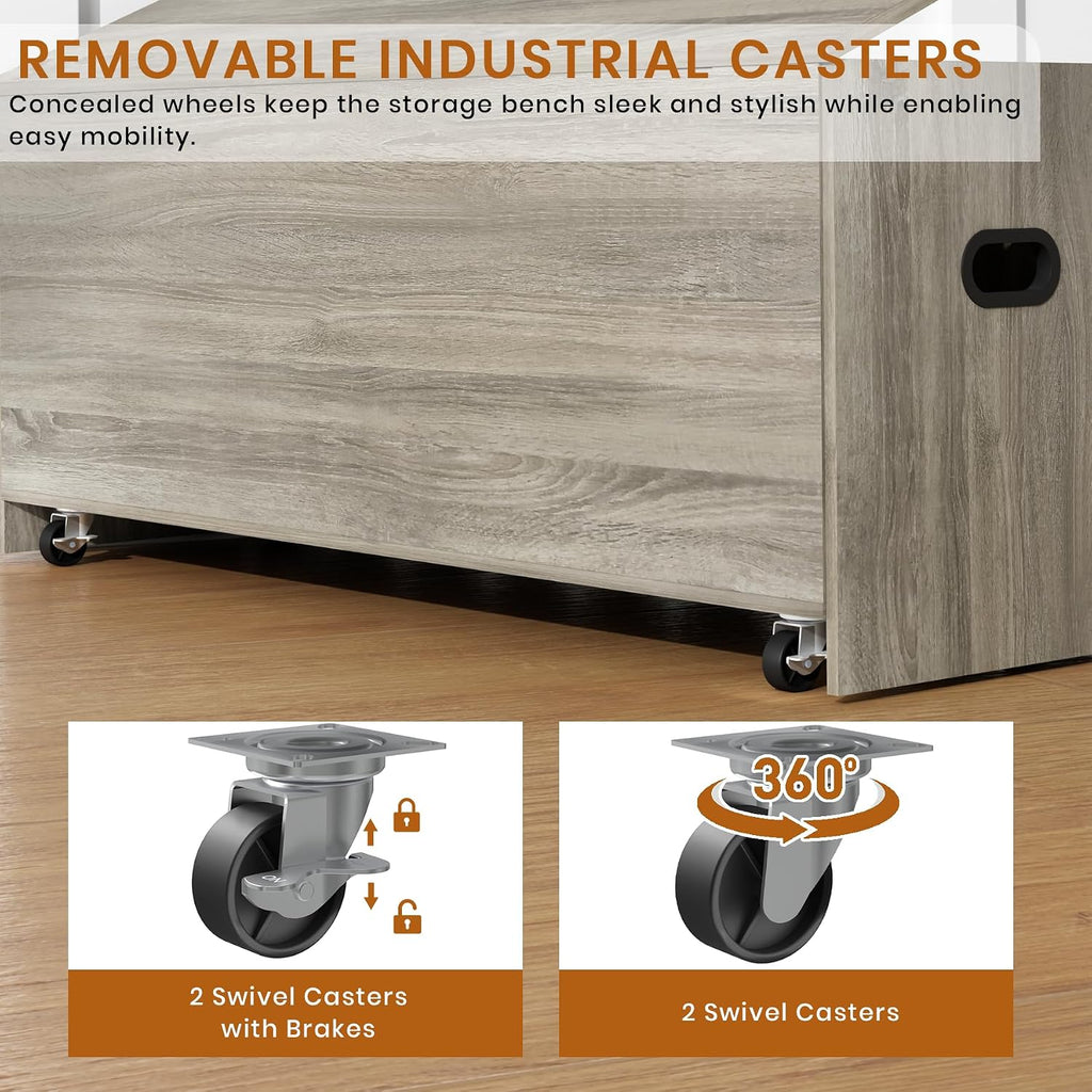 47.2" Storage Bench, Storage Chest with Cushion Seat, 4 Swivel Wheels & 2 Safety Hinges, Wooden Entryway Bench with
