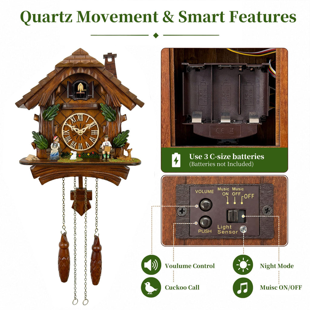 Musical Cuckoo Clock for Wall, Black Forest Chalet, Quartz