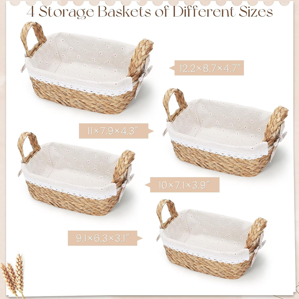 Woven Storage Basket Set of 4, Multi-size Boho Cattail Leaf Baskets with Handles & Liners, Decorative Baskets