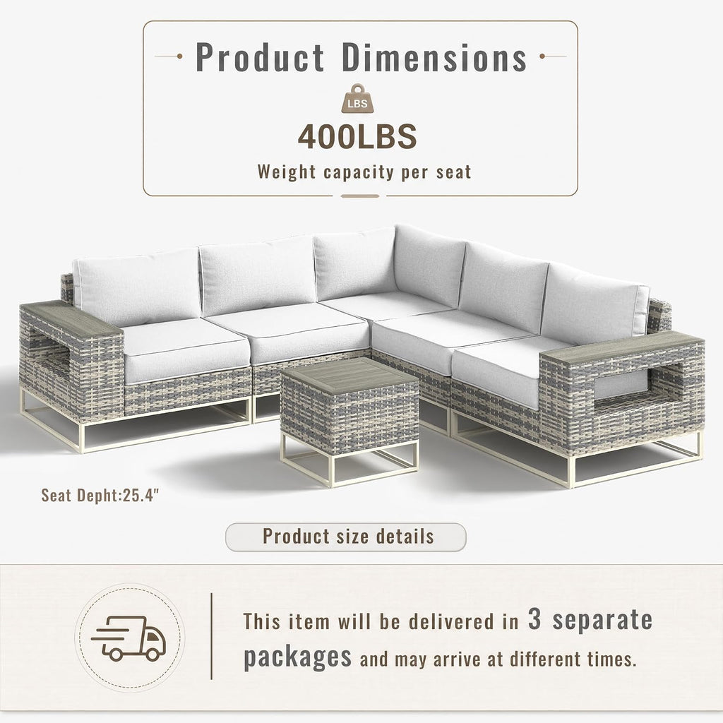 Outdoor Patio Furniture Set, PE Wicker Sectional Sofa with Thick Cushions | 6-Piece: Modular Sectional Sofa with