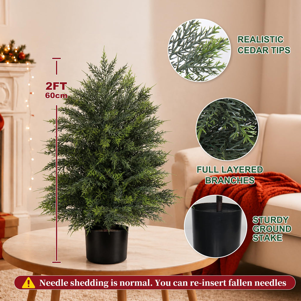 2 Pack 2FT Artificial Topiary Cedar Trees for Outdoor Front Porch