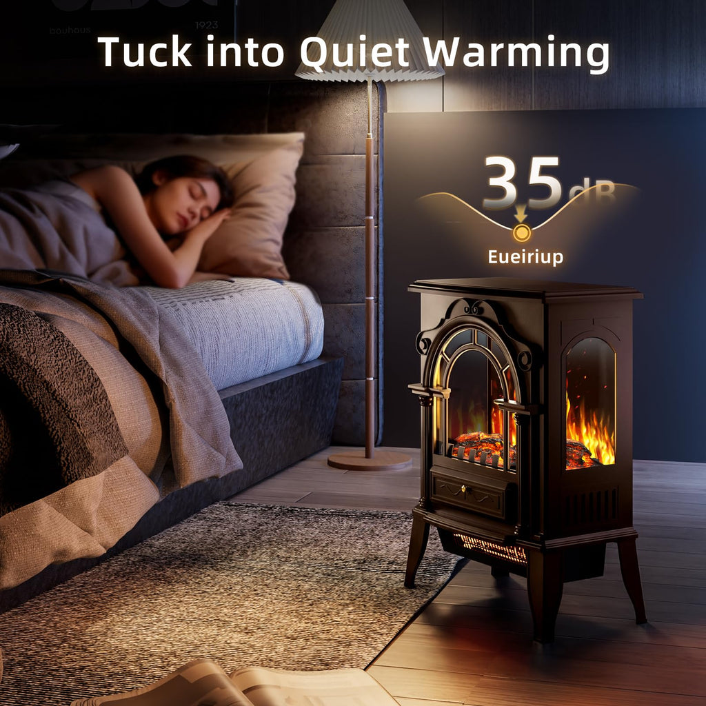 Freestanding Electric Fireplace Stove with 3D Flame Effect, Walnut