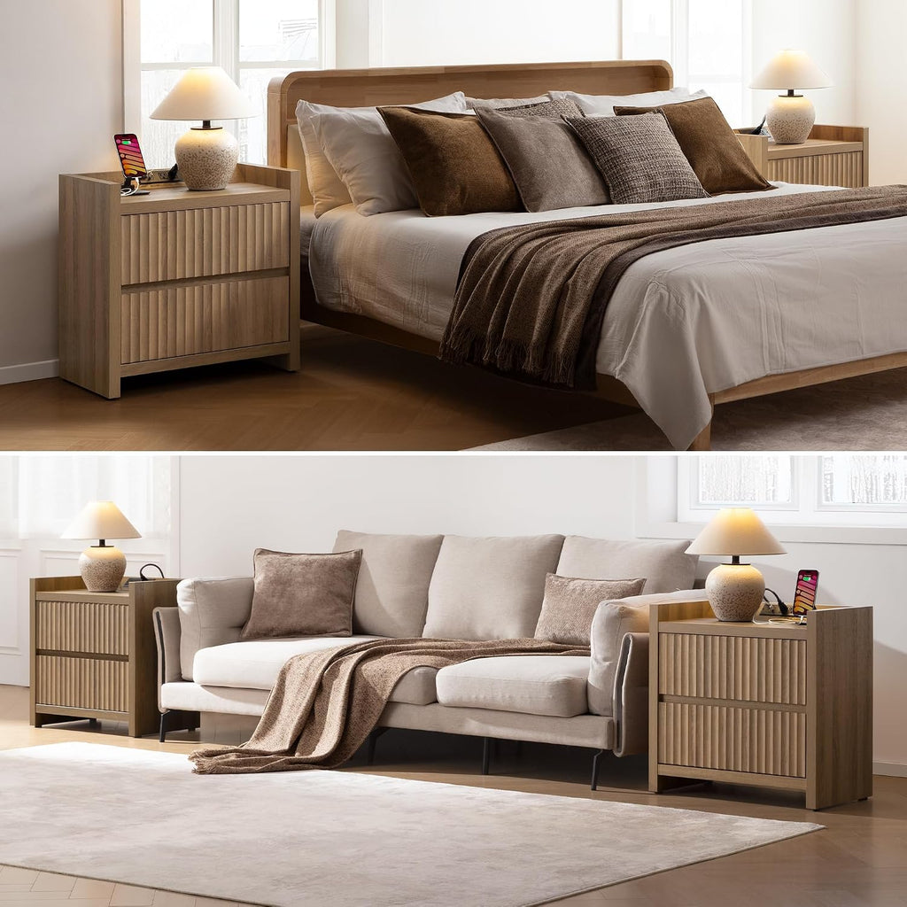 Night Stands Set of 2-Fluted Nightstands with Charging Station- Modern 2 Drawers Nightstand 25" Tall Bedside Table