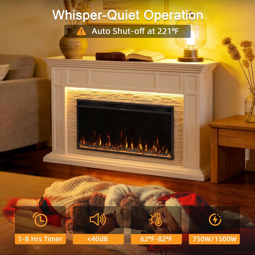 69" Electric Fireplace with Mantel, Freestanding Fireplace Console with 42" Insert for Livingroom/Bedroom, Realistic