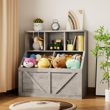 Kids Bookshelf and Toy Storage, Kids Toy Storage Organizer, Washed Grey | Toy Organizer with Storage Cabinet and