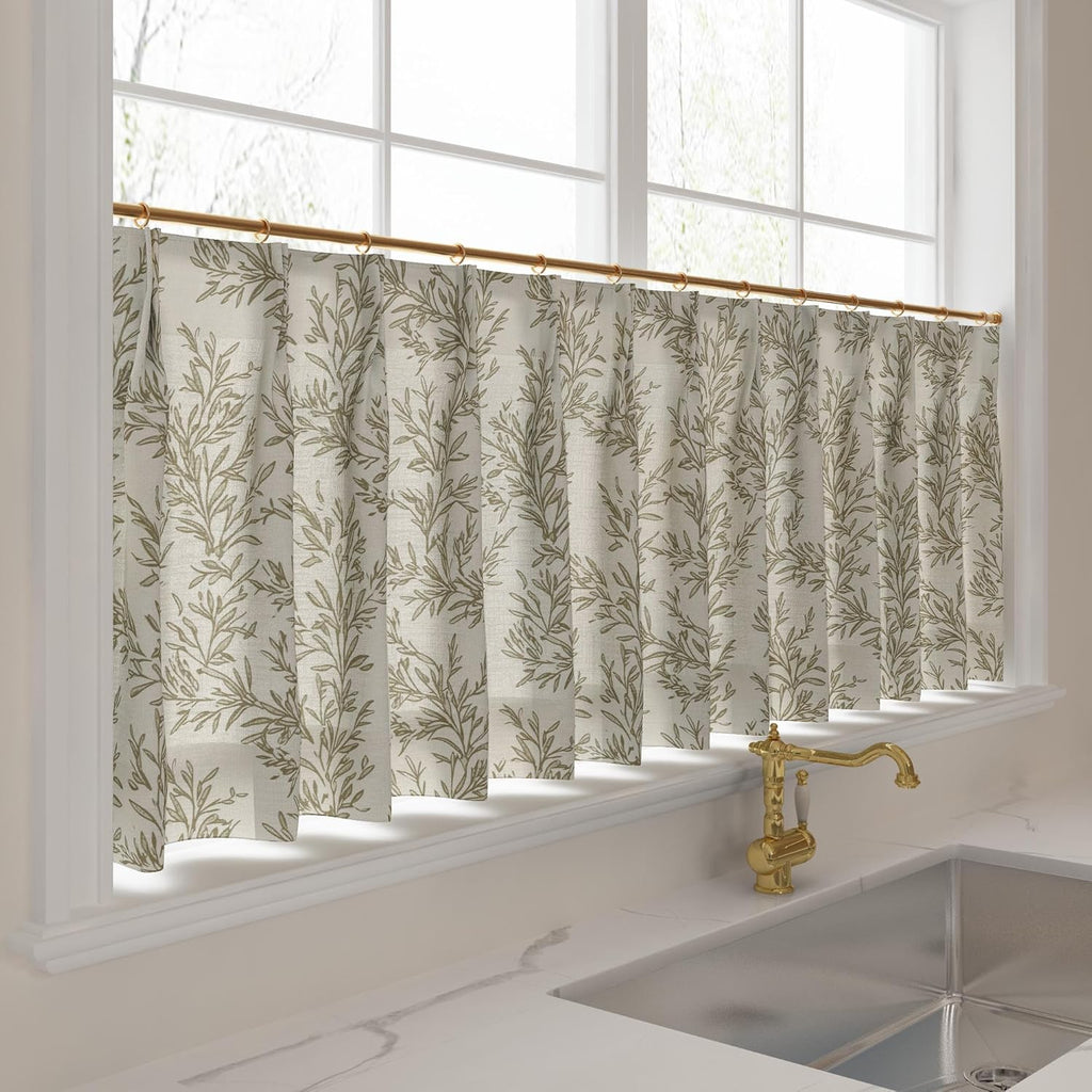 Pinch Pleat Leaf Print Cafe Curtains, Stone, 26W x 45L