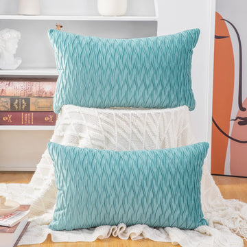 Set of 2 Super Soft Velvet Decorative Throw Pillow Covers 12x20 inch Aqua Rectangular with Texture Luxury Style