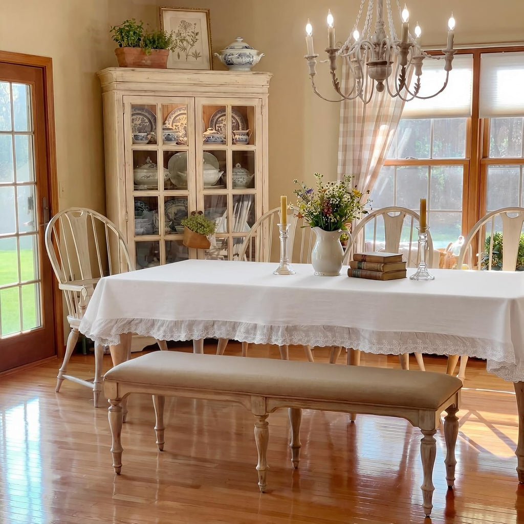 Vintage White Ruffle Tablecloth Retro Farmhouse Ruffled Cotton Tablecloth Rustic Embroidered Washabl