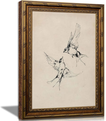 Elegant Flying Swallows Sketch Art, Framed Minimalist Bird Ink Illustration, Retro Cream Background Vintage Gold