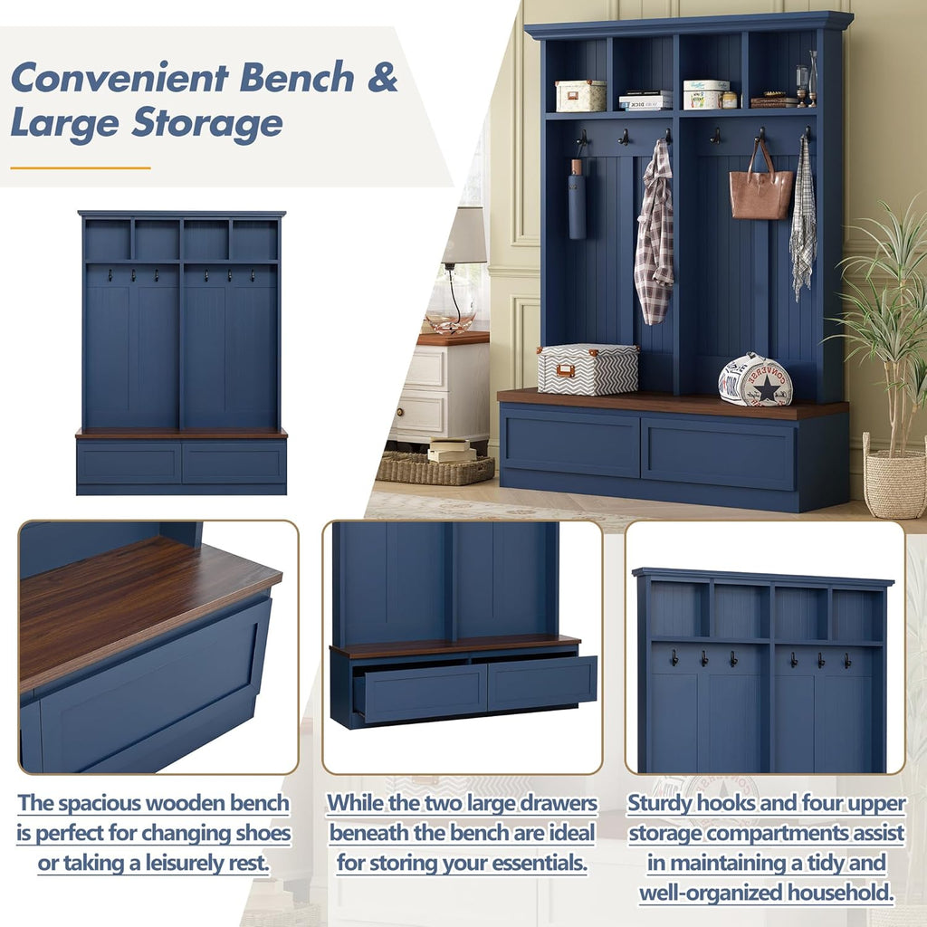 Wood Hall Tree with 6 Hooks & Entryway Bench, Farmhouse Mudroom Versatile Coat Racks with 2 Large Drawers, Entrance