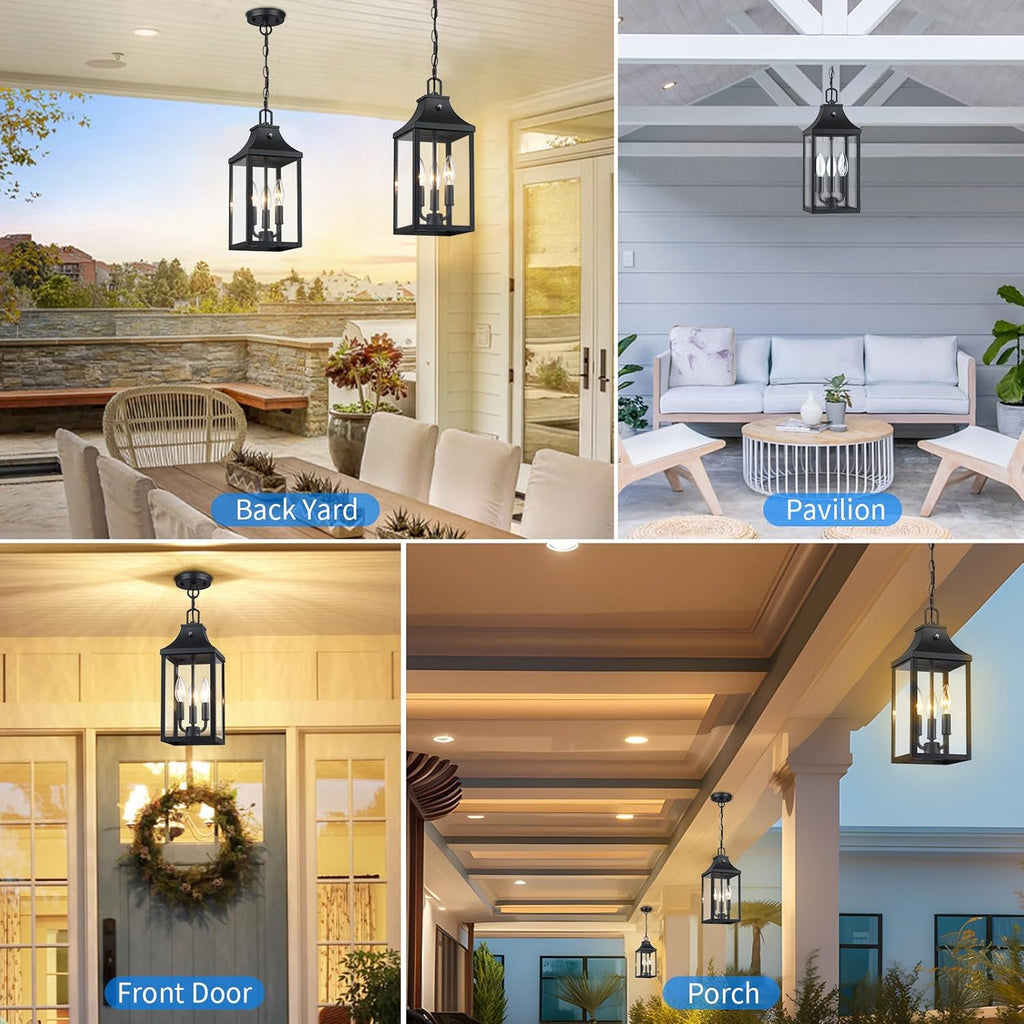 Large Outdoor Pendant Light Fixtures 3-Light, 15'' Dusk to Dawn Exterior Hanging Lantern Porch Light Adjustable