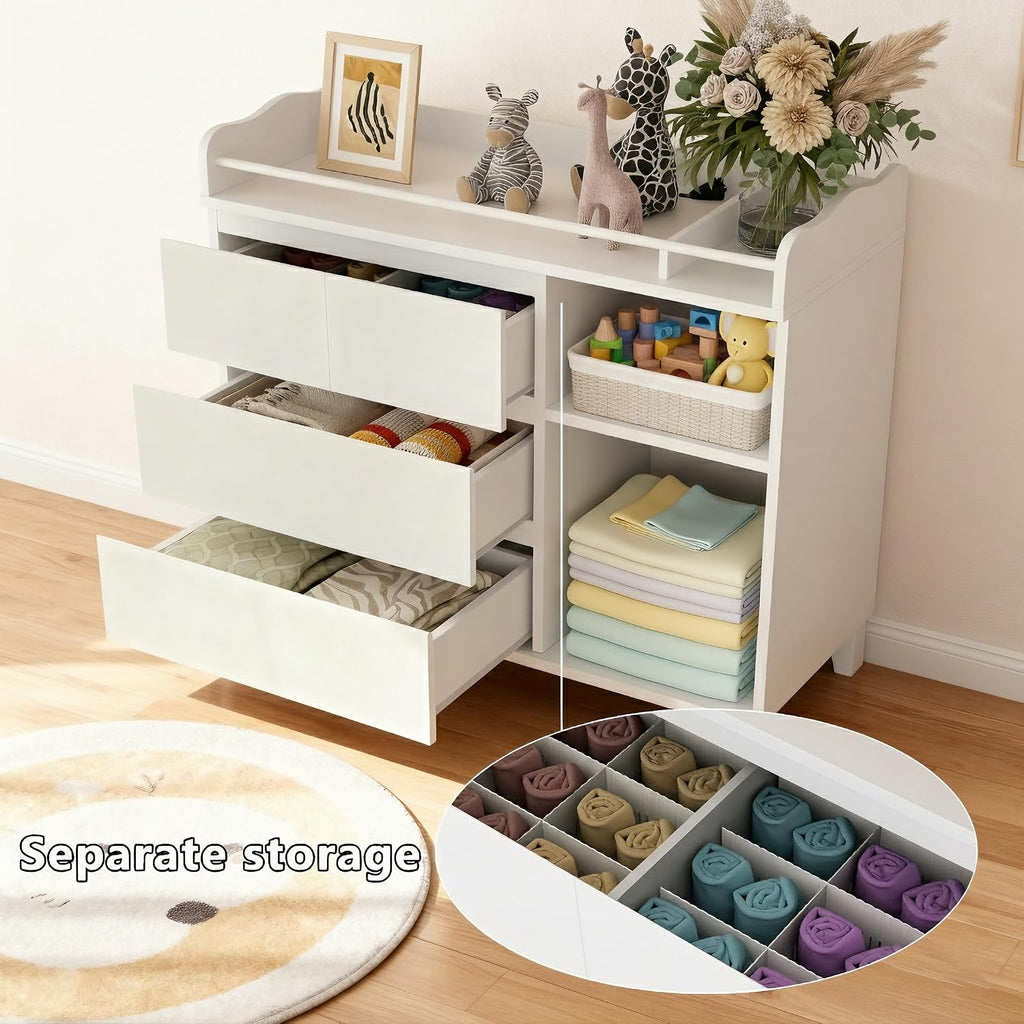 Baby Changing Table Top, Multi-Functional Nursery Changing Table, 4 Drawers with 2 Open Shelves, Bedroom, White
