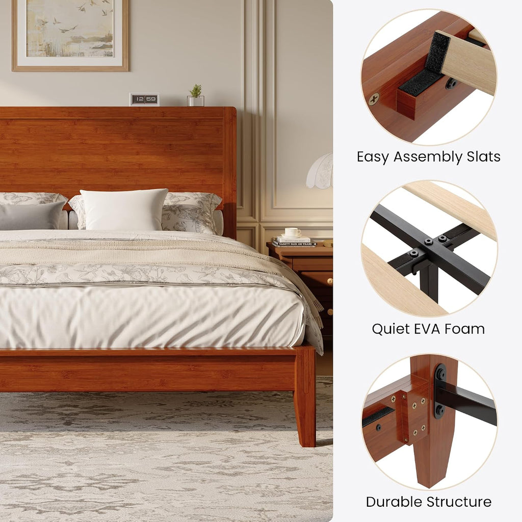 Queen Size Bamboo Bed Frame, Japanese Joinery, Warm Brown