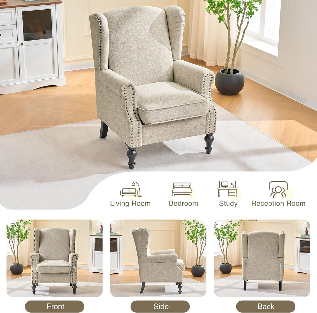High Back Accent Chair, Upholstered Wingback Arm Chair with Vintage Wood Legs, Comfy Single Sofa Armchair Modern Side