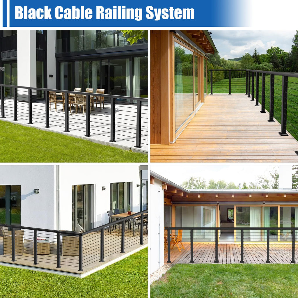 36" Level Drilled Cable Railing Post, Black Cable Railing Post (Post 35"x2"x2") for Deck Railing, Stainless Steel