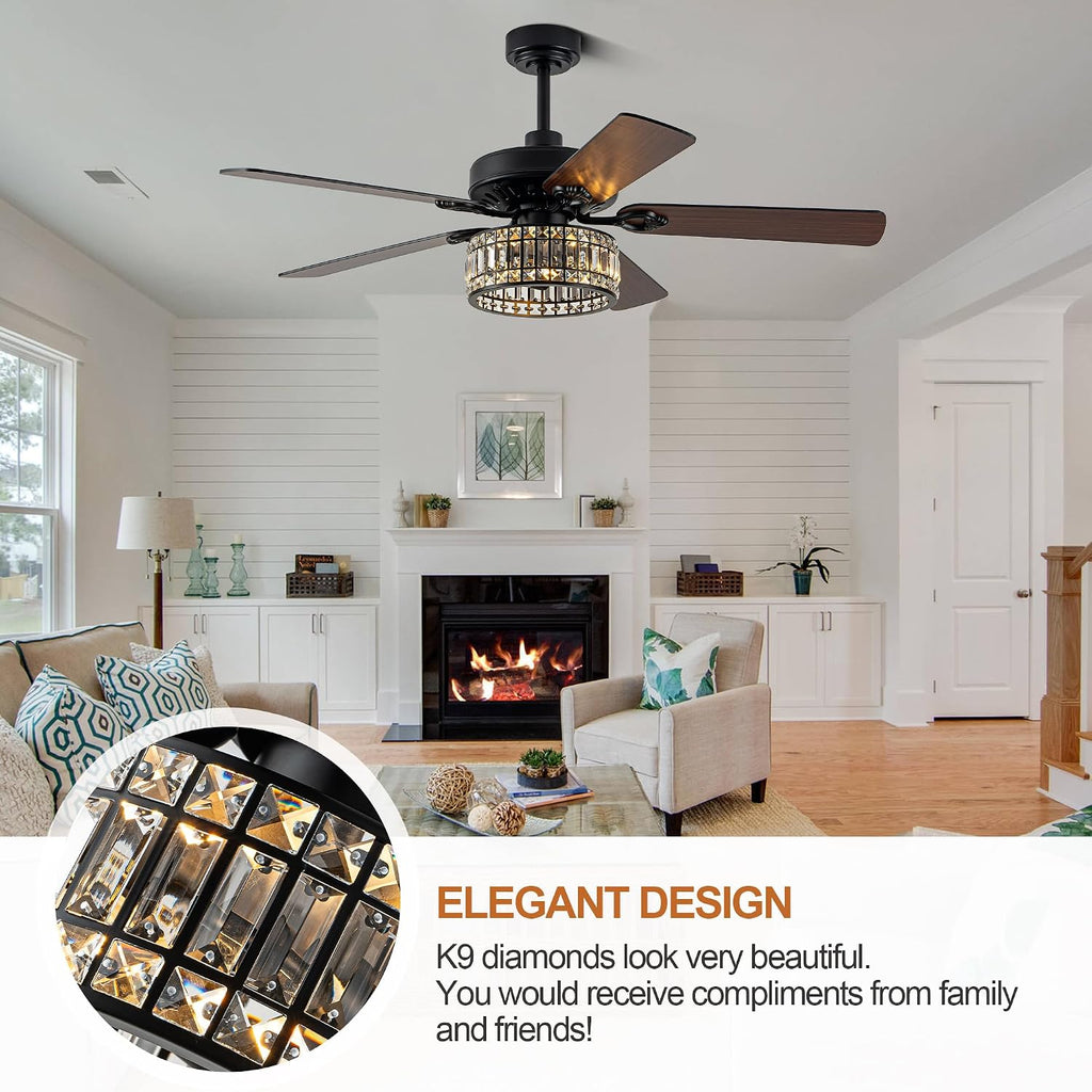 52" Black Crystal Ceiling Fan with Light, Modern Chandelier Fan with Remote