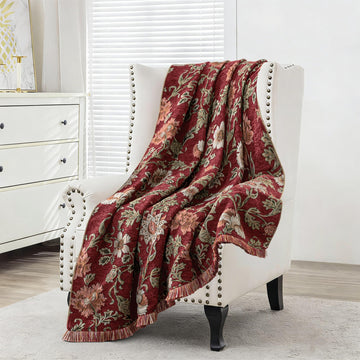 Vintage Floral Throw Blankets for Bed, Rust Red, 52"x72"