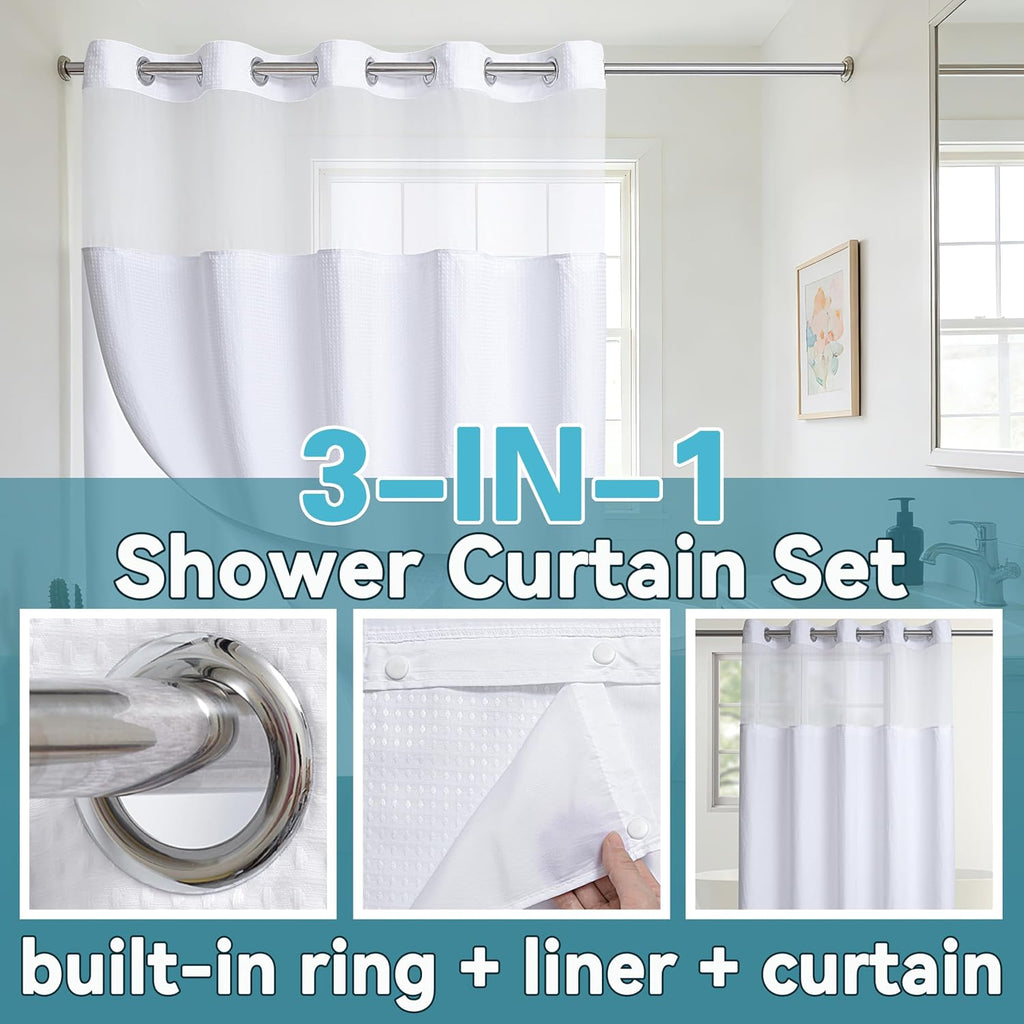 No Hook Waffle Weave Shower Curtain with Snap in Liner Set, Hotel Luxury White Shower Curtains with See Through Top