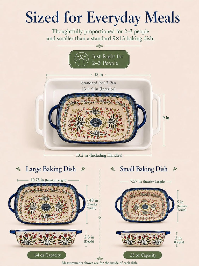 2-Piece Polish Pottery Style Ceramic Dish Set | Large baker for casseroles, baked pasta & roasting; small baker for