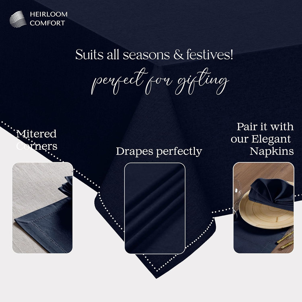 Navy Blue Table Cover, 100% Cotton Tablecloth 60x84 Inch, Fits 6-8 Seats, Soft, Durable, Washable, W